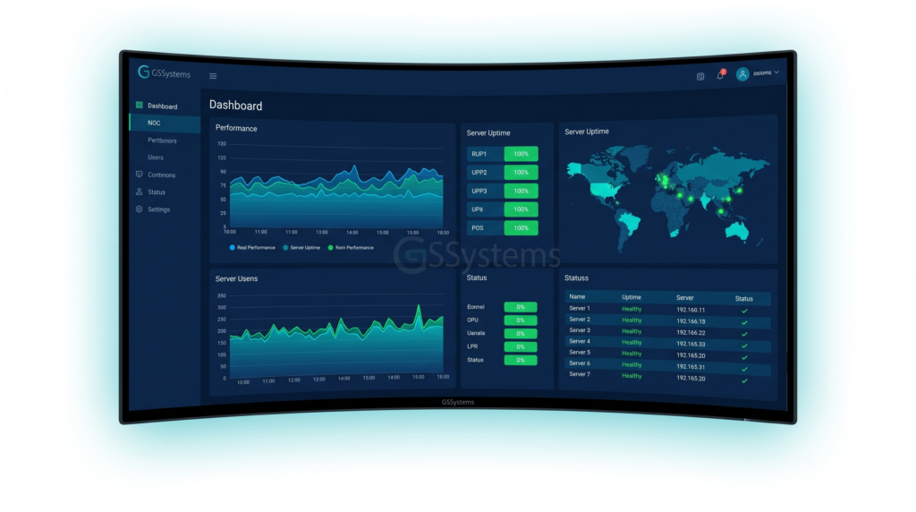 Panel de control de un Centro de Operaciones de Red (NOC) que muestra gráficos de rendimiento de infraestructura TI en tiempo real para monitoreo 24/7